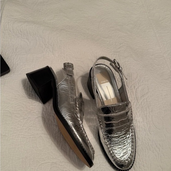Shoes - Metallic Silver Slingback Block Heel Loafer - Women